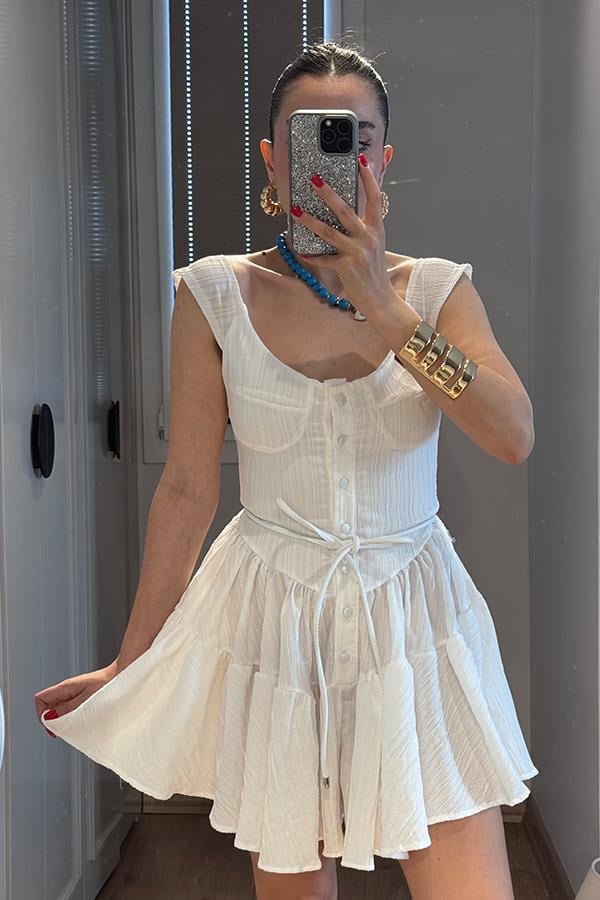 Melirose keten şortlu elbise-Beyaz