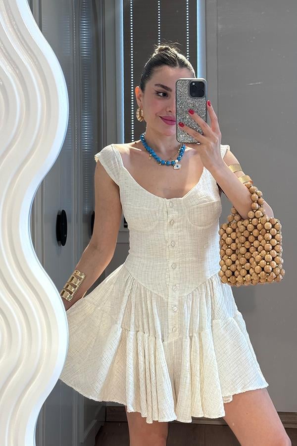 Melirose keten şortlu elbise-Krem