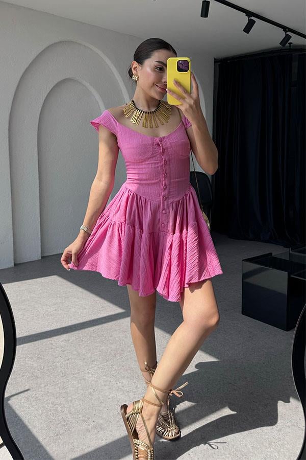 Melirose keten şortlu elbise-Pembe
