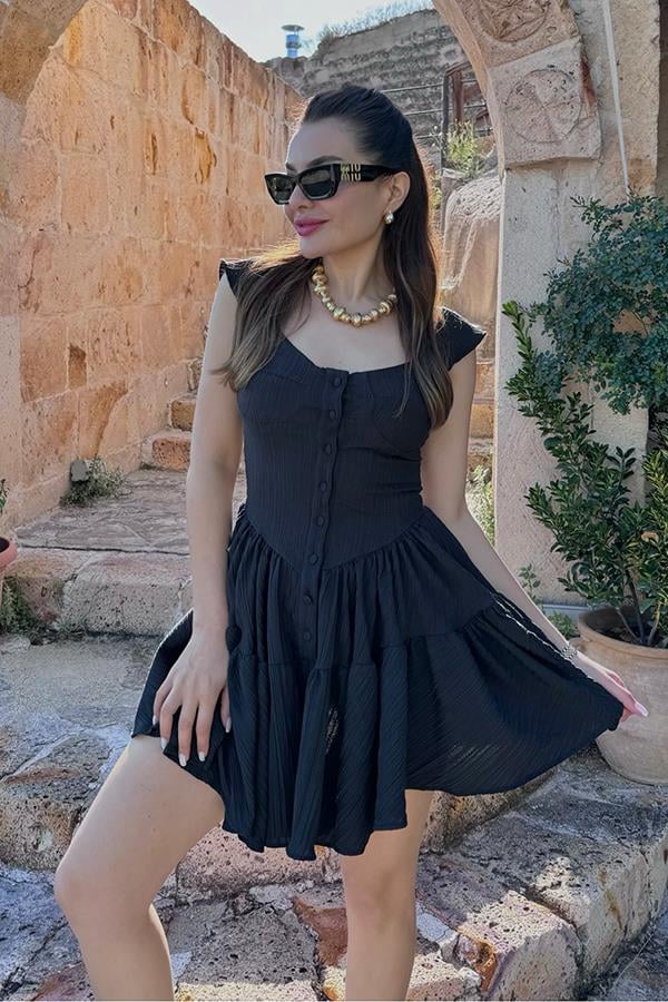 Melirose keten şortlu elbise-Siyah