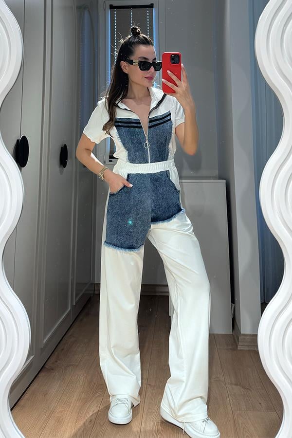 Mensi Jean Detaylı Spor Takım - Beyaz