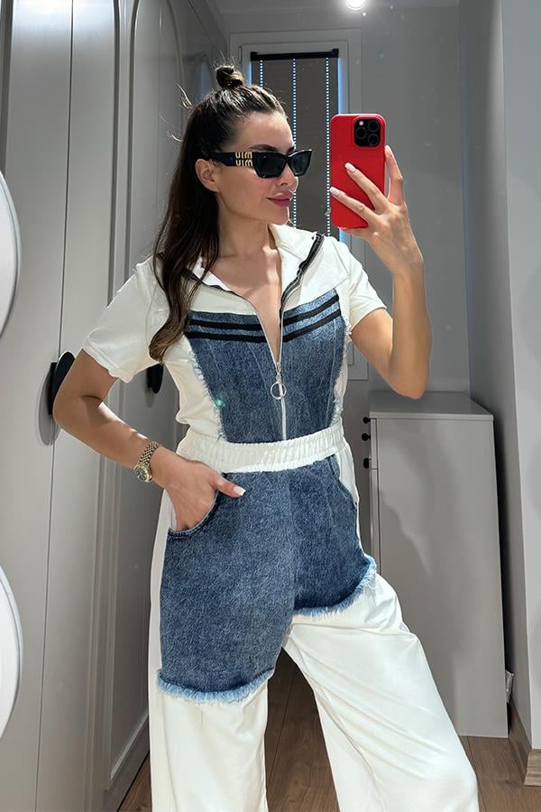 Mensi Jean Detaylı Spor Takım - Beyaz