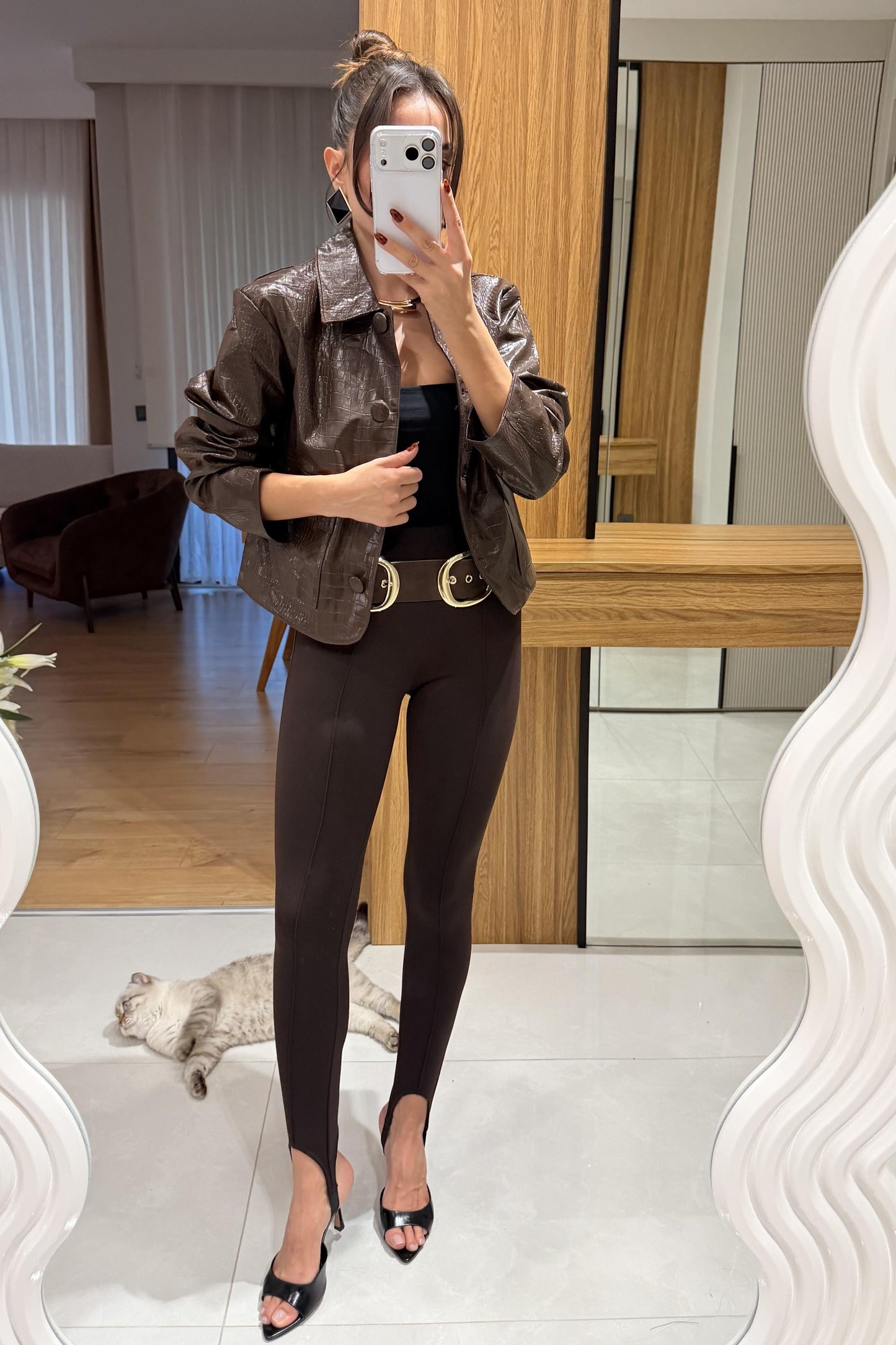 Meria Kahve Krokodil Dokulu Ceket