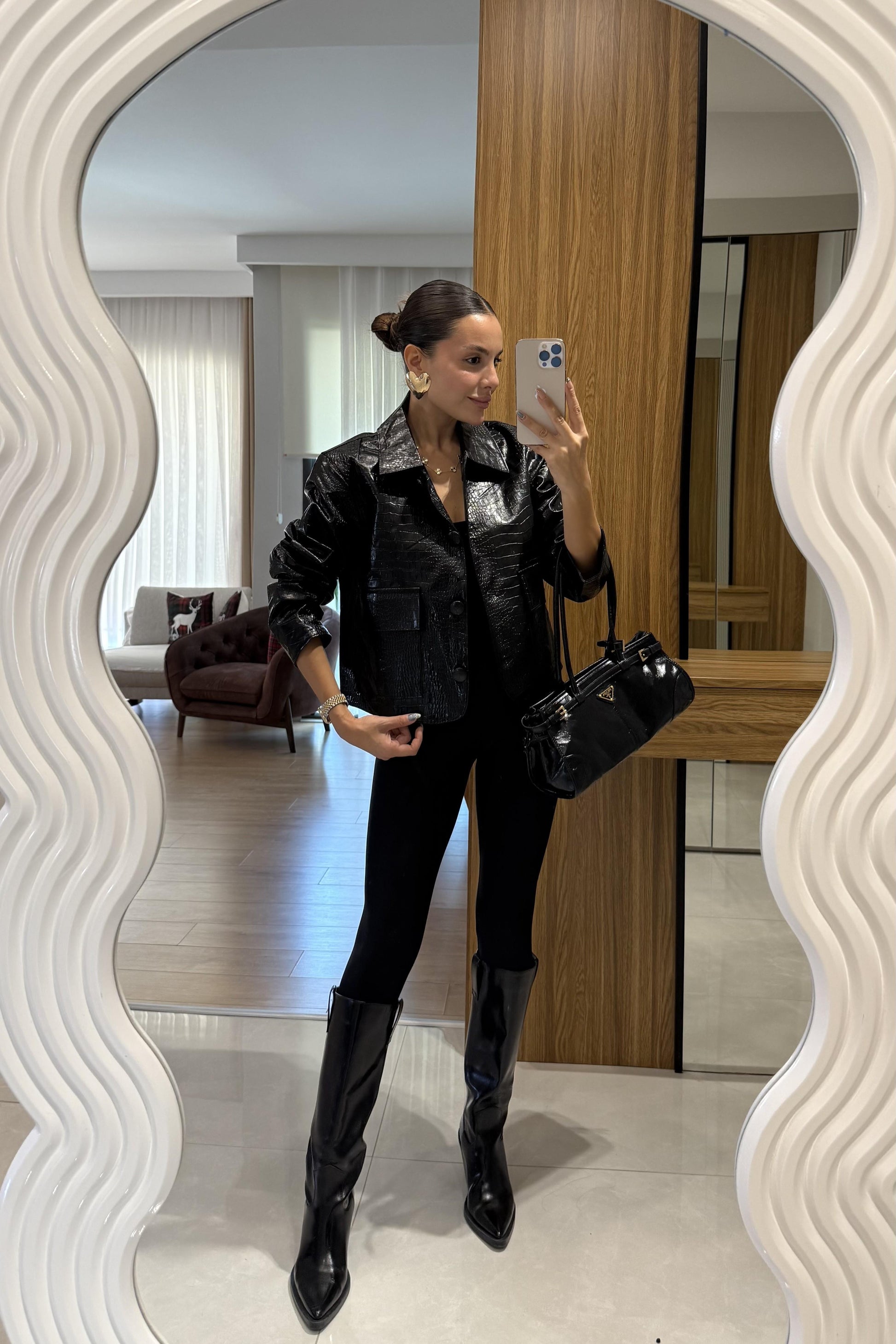 Meria Siyah Krokodil Dokulu Ceket