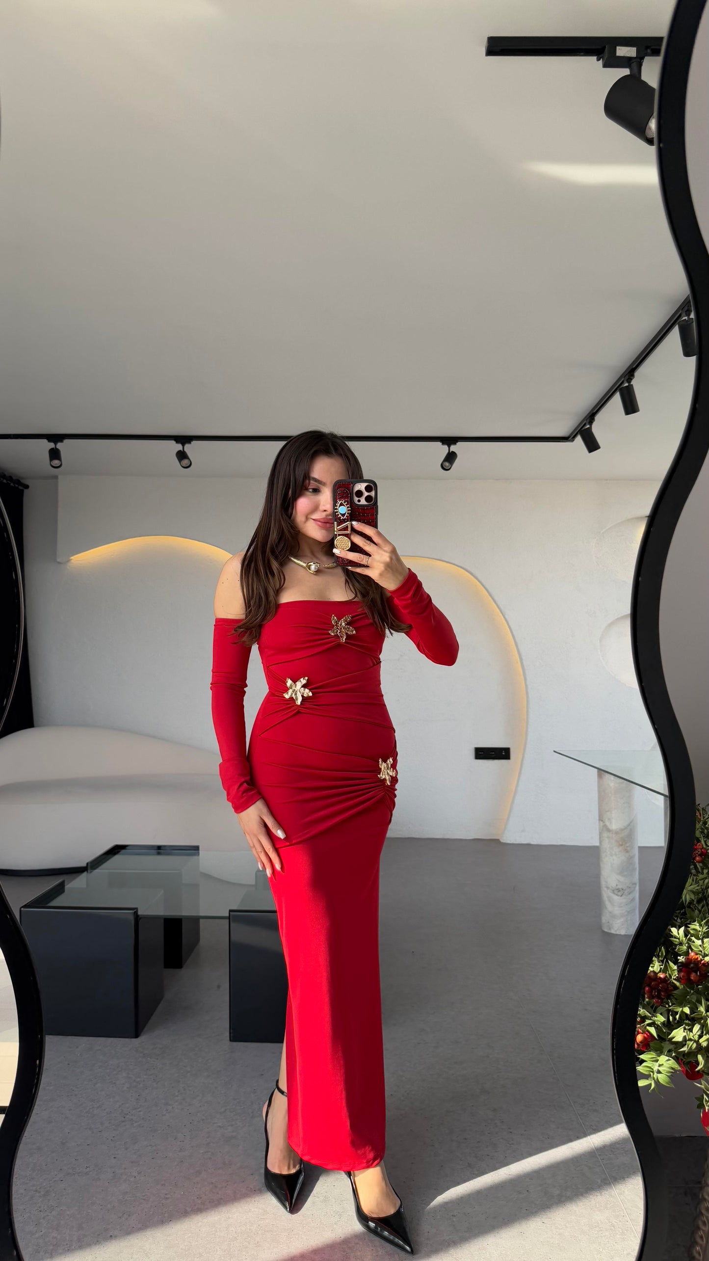 Mermaid Kırmızı Yıldız Aksesuarlı Tasarım Şık Elbise