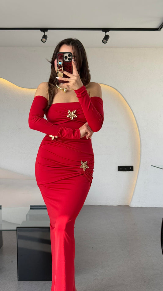 Mermaid Kırmızı Yıldız Aksesuarlı Tasarım Şık Elbise