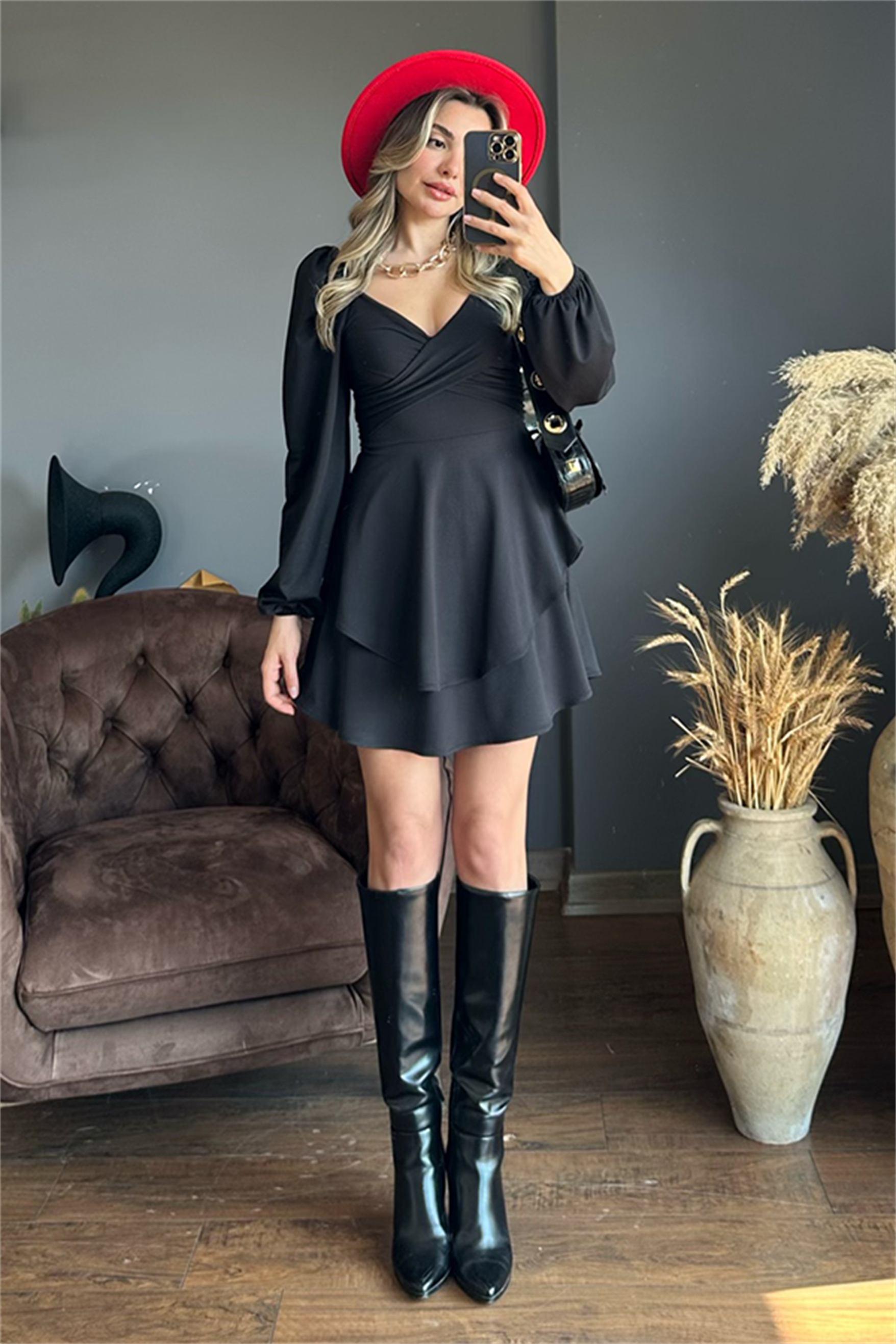 Messy balon kol kat kat elbise