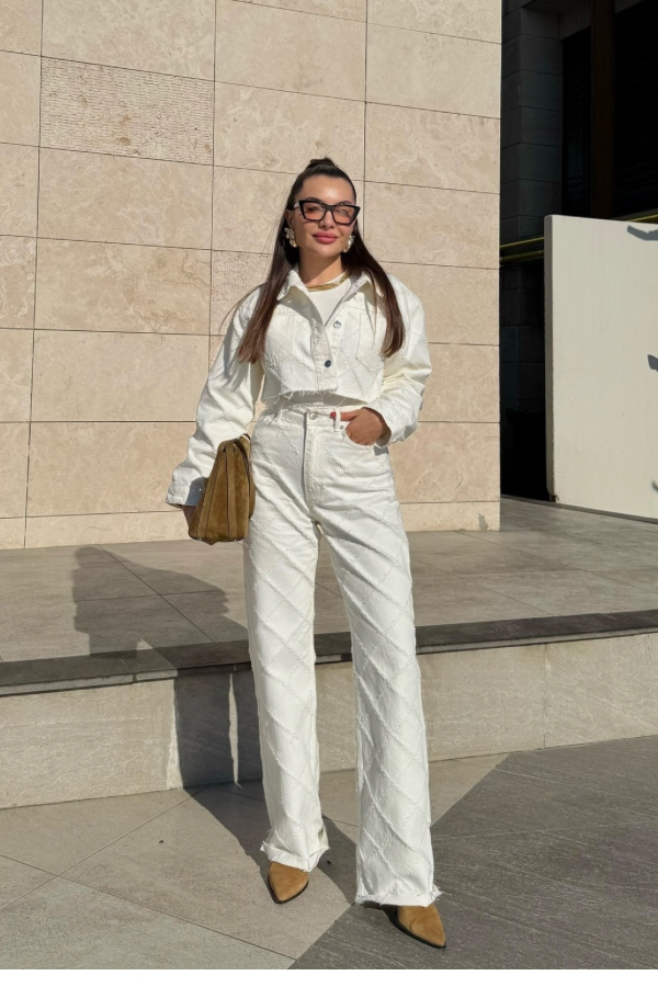 Mexico Dokulu Ekru Crop Ceket