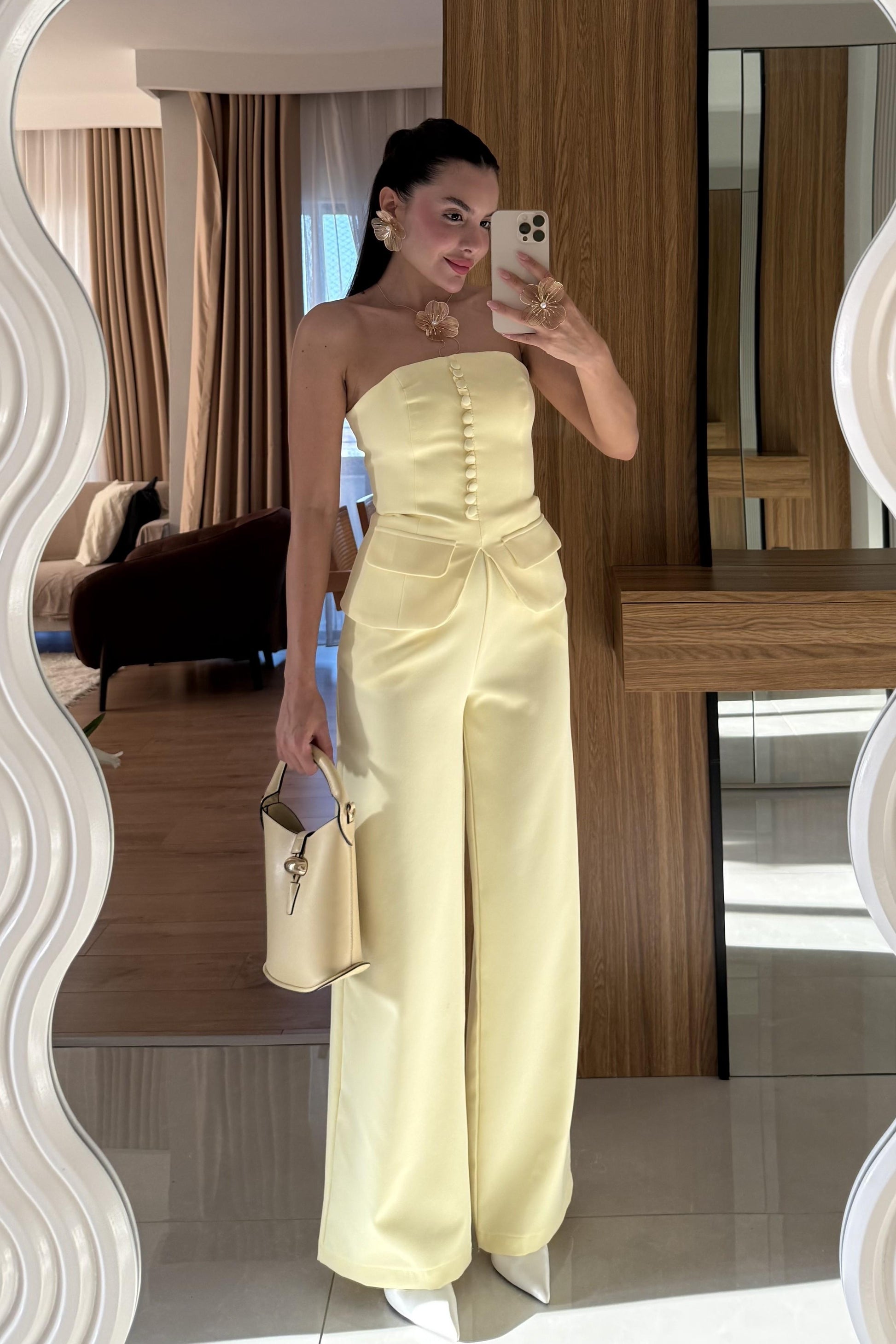 Michell Sarı Düğmeli Straplez Premium Takım