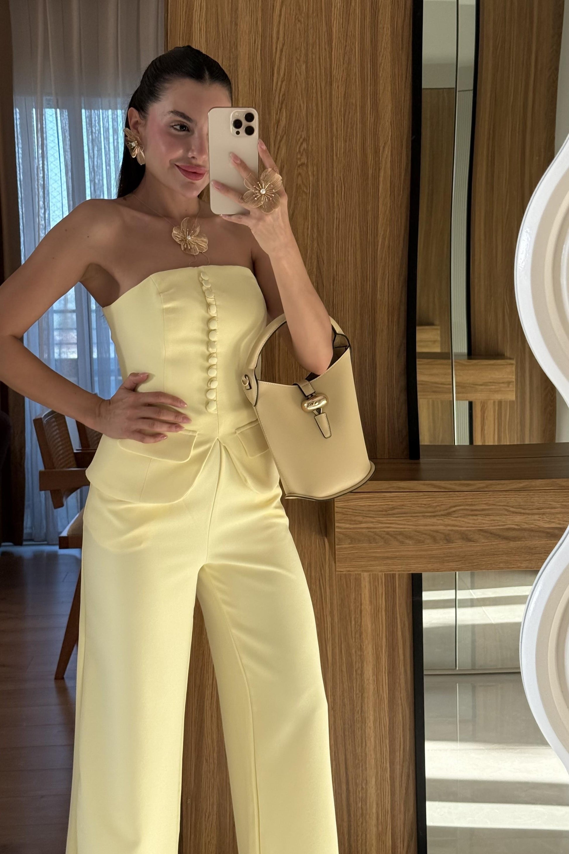 Michell Sarı Düğmeli Straplez Premium Takım