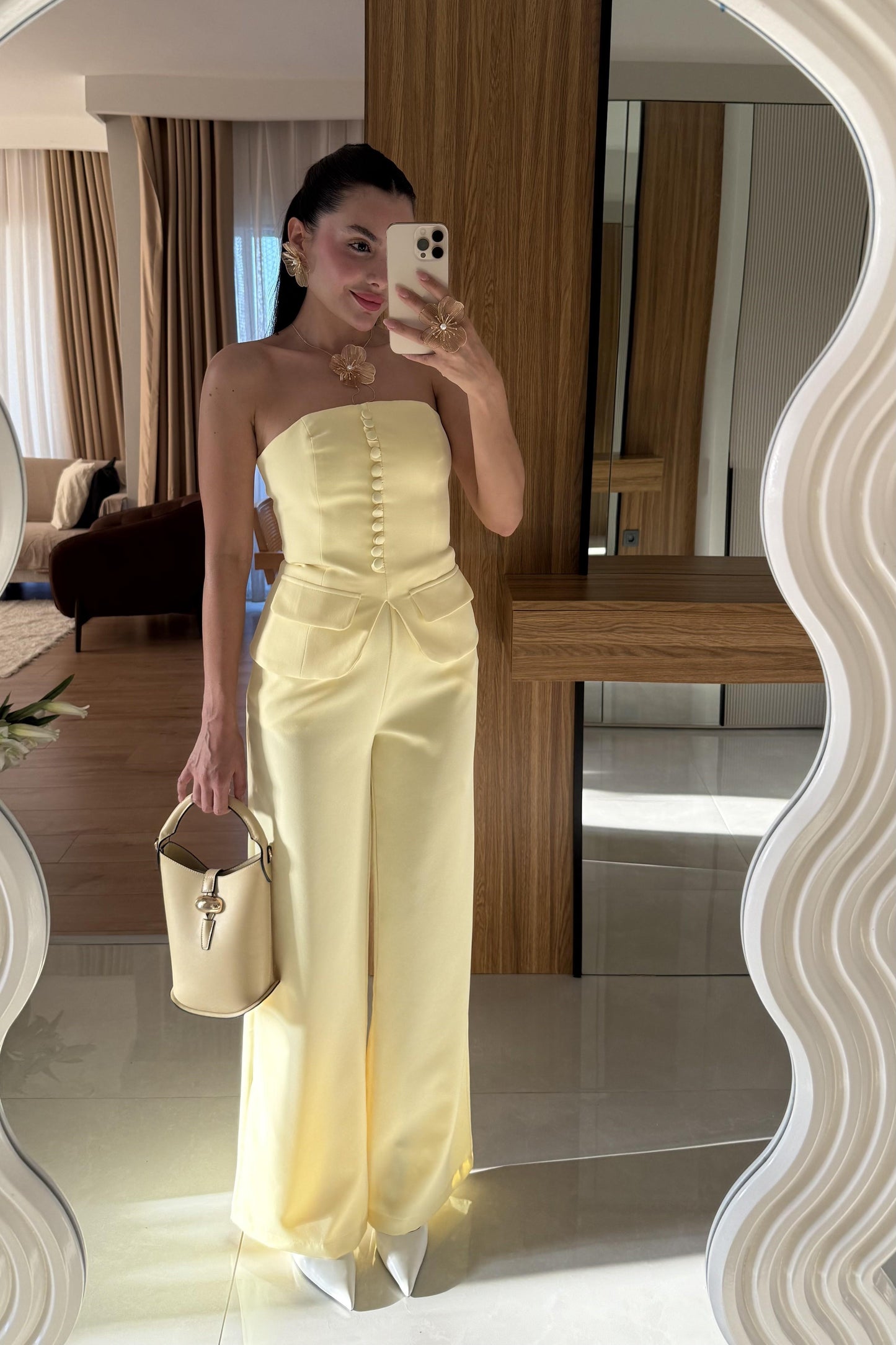 Michell Sarı Düğmeli Straplez Premium Takım