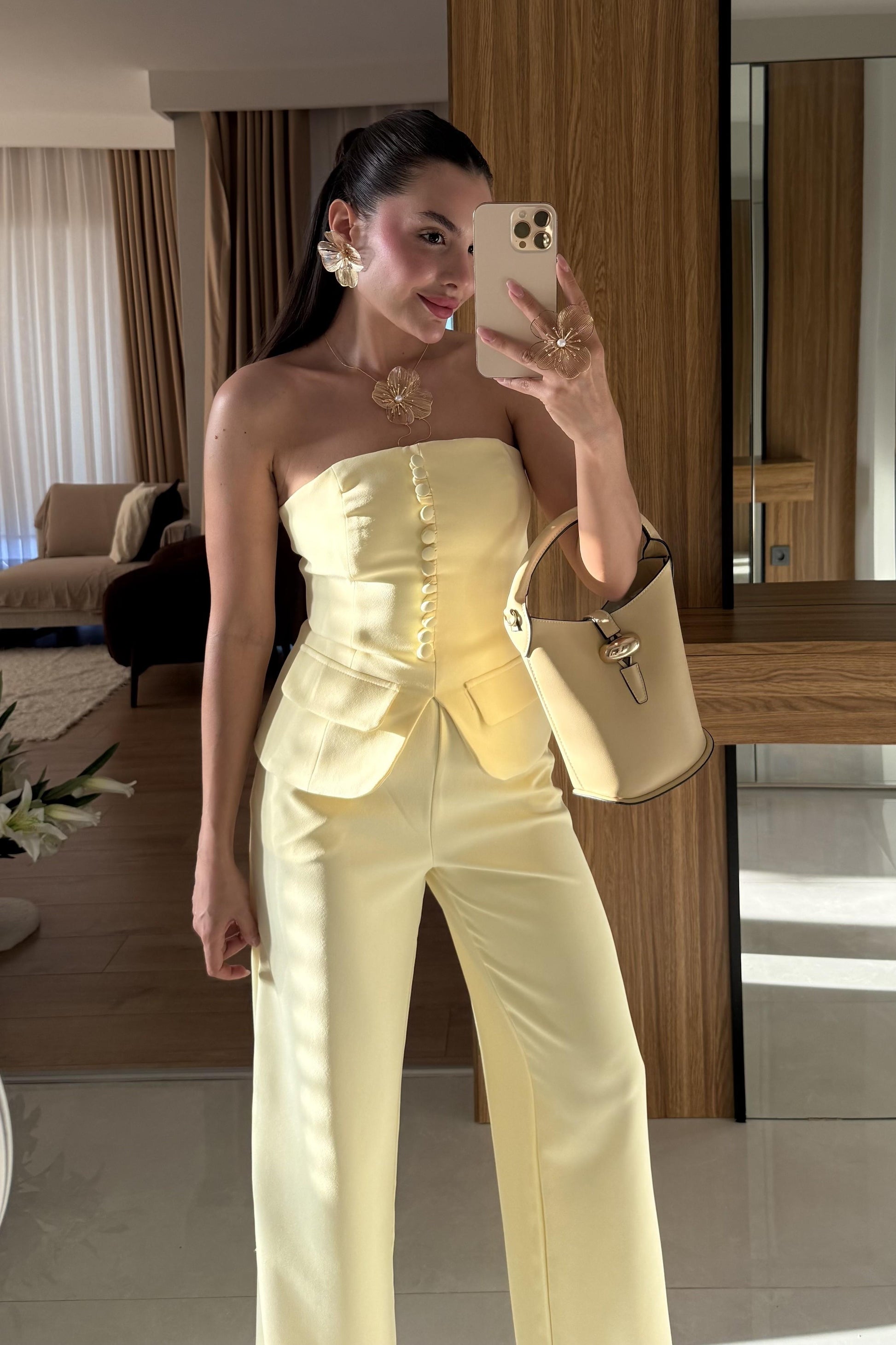 Michell Sarı Düğmeli Straplez Premium Takım