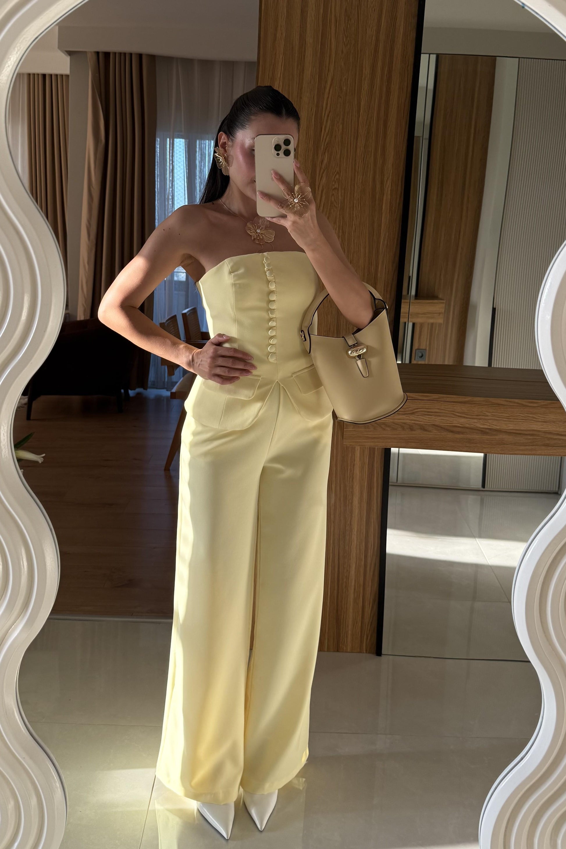 Michell Sarı Düğmeli Straplez Premium Takım