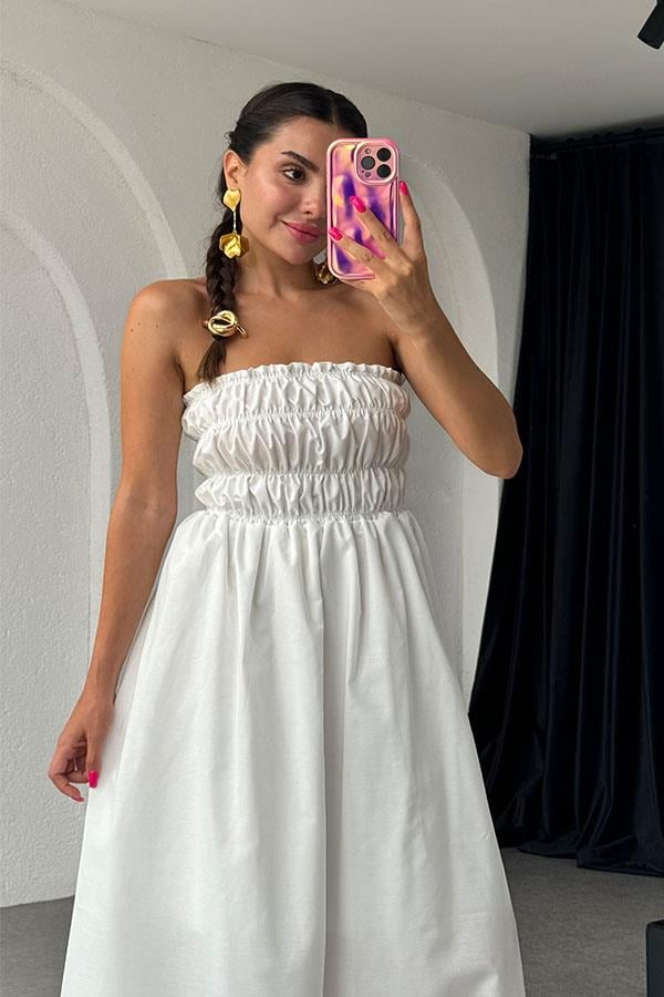 Miden Keten Straplez Maxi Elbise