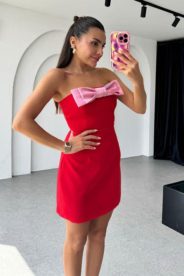 Mihaly Kırmızı Fiyonk Detaylı Straplez Elbise