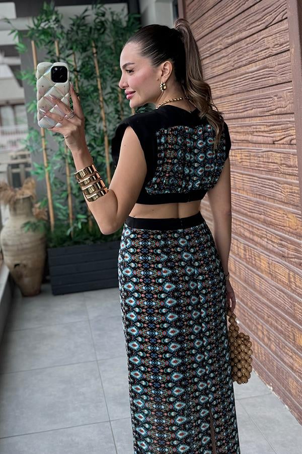 Miley Etnik Desen Vatkalı Elbise