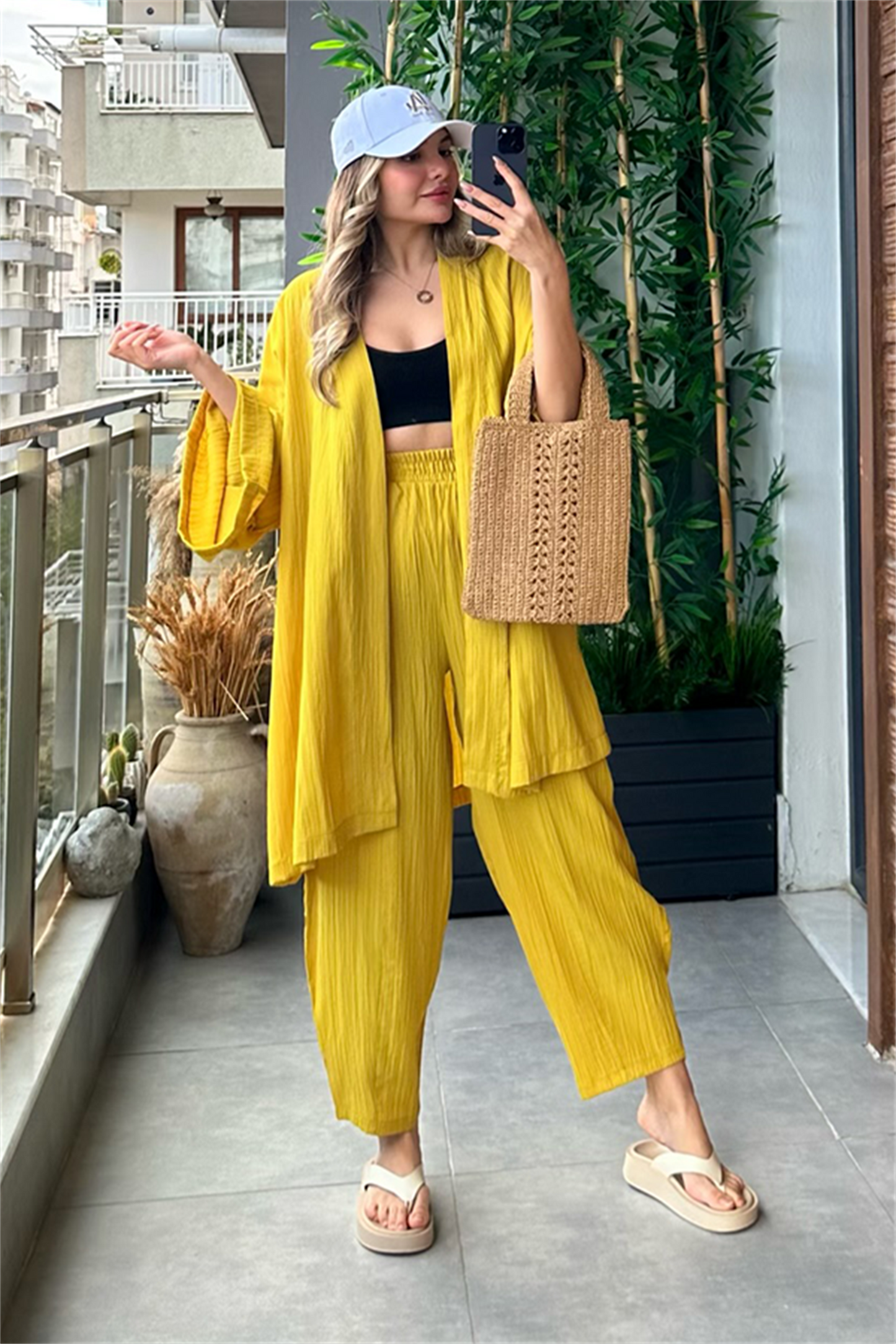 Havana kimonolu bohem takım - Hardal Sarı