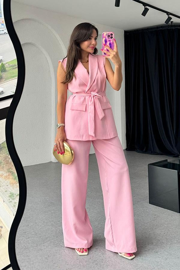 Milla Premium Kuşaklı Yelek Takım-Pembe