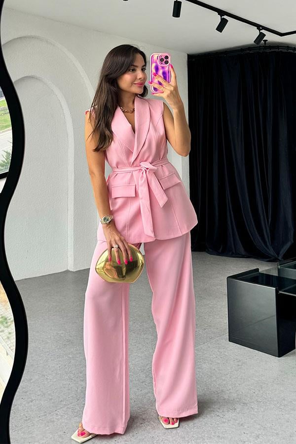 Milla Premium Kuşaklı Yelek Takım-Pembe