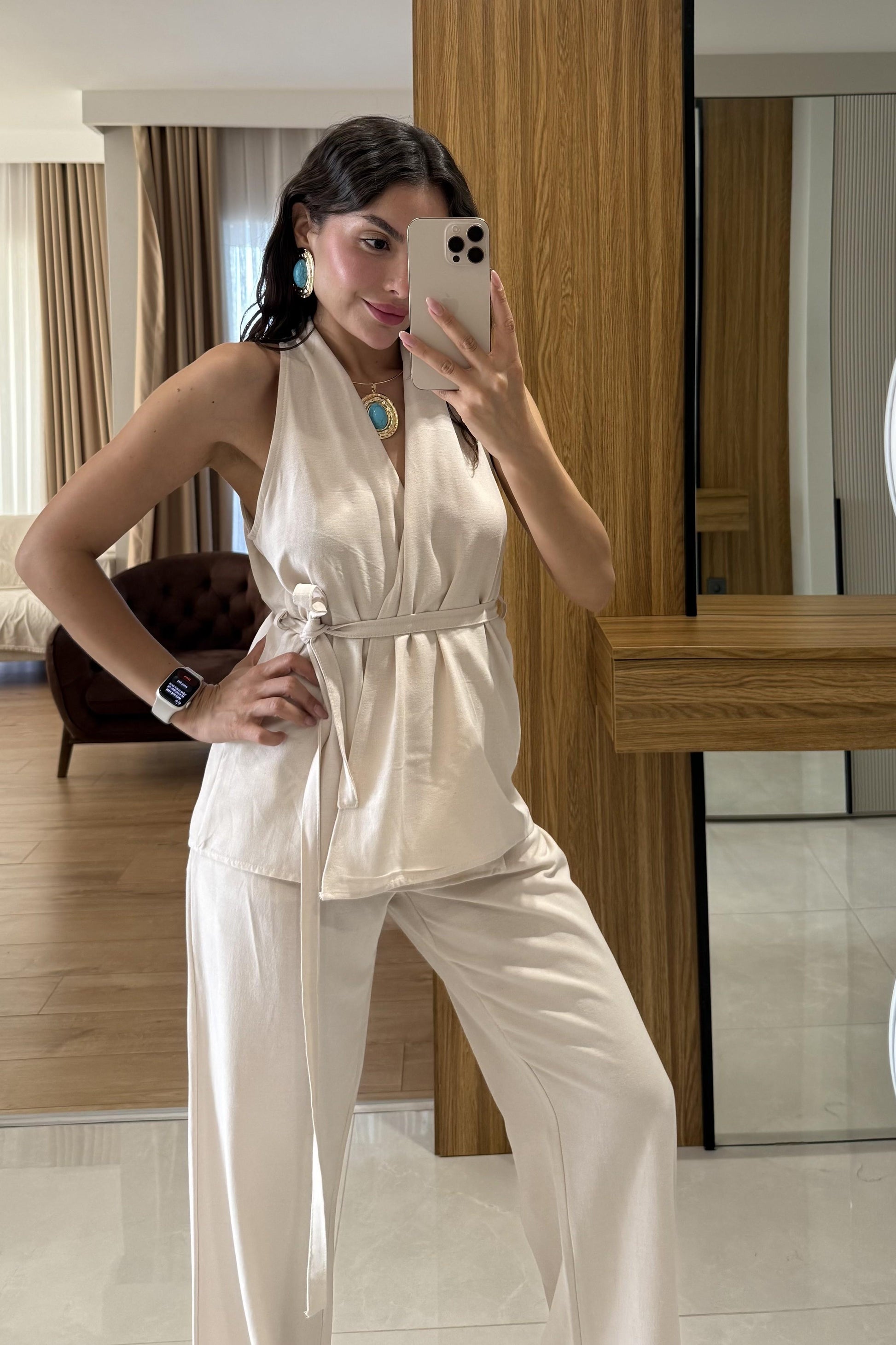 Mintara Bej Kuşaklı Yelek Pantolon Keten Takım