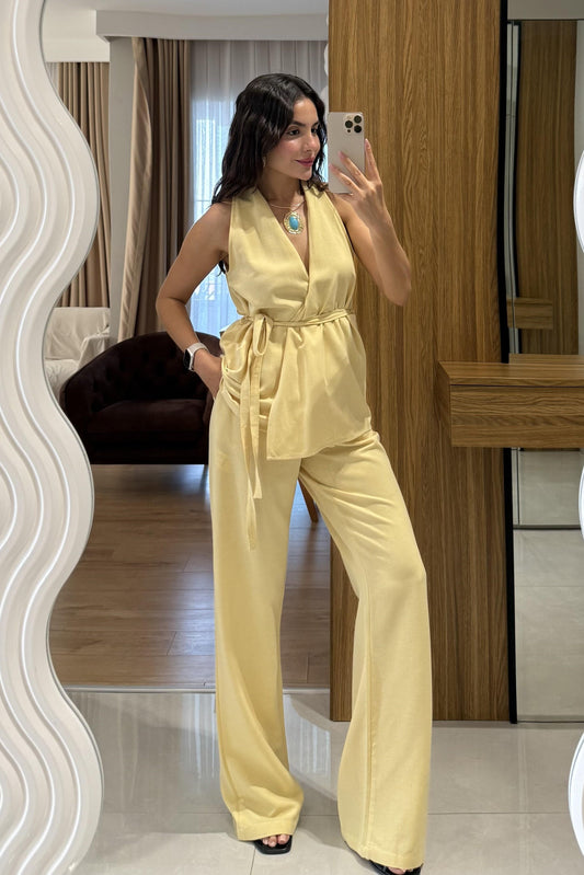 Mintara Sarı Kuşaklı Yelek Pantolon Keten Takım
