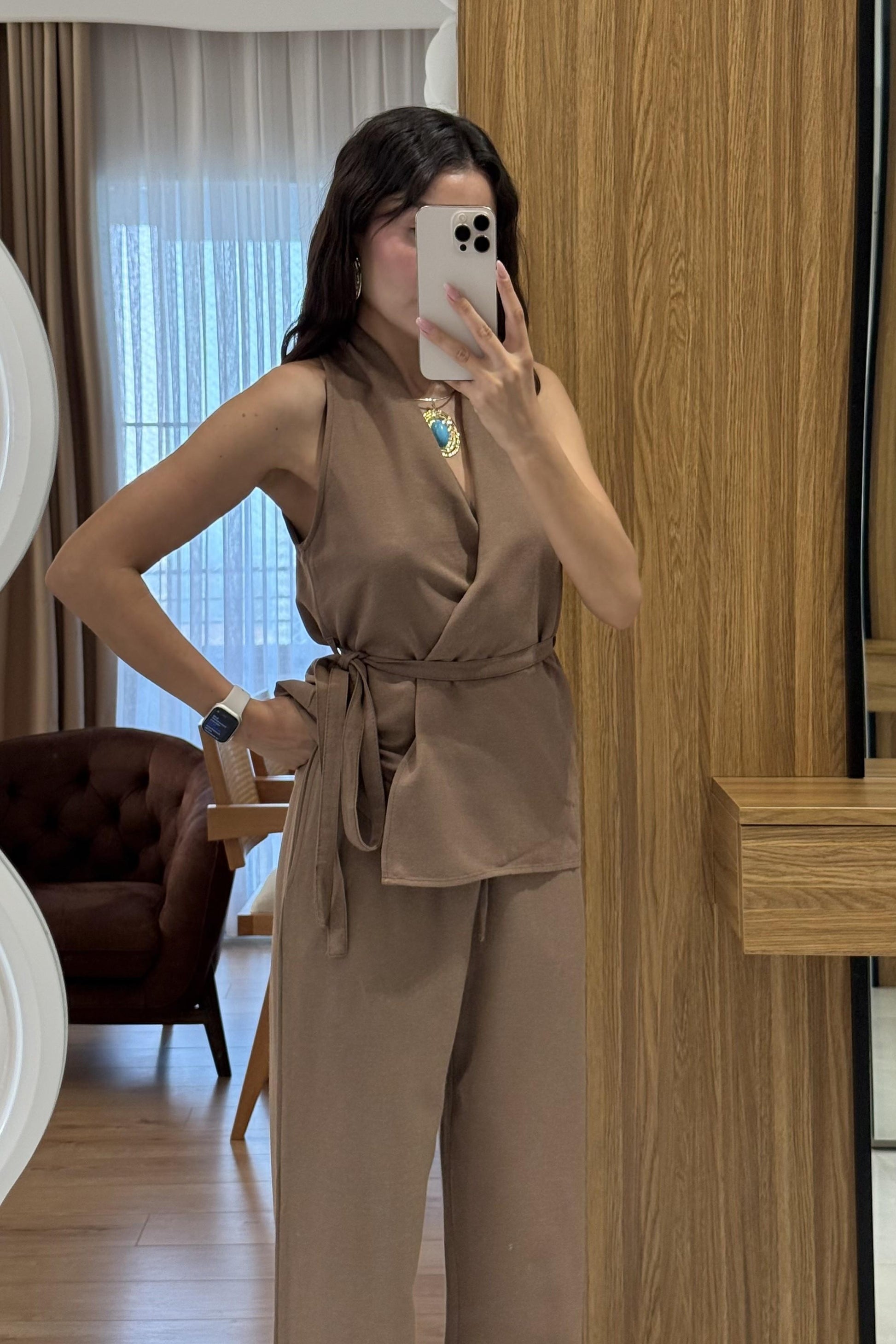 Mintara Vizon Kuşaklı Yelek Pantolon Keten Takım