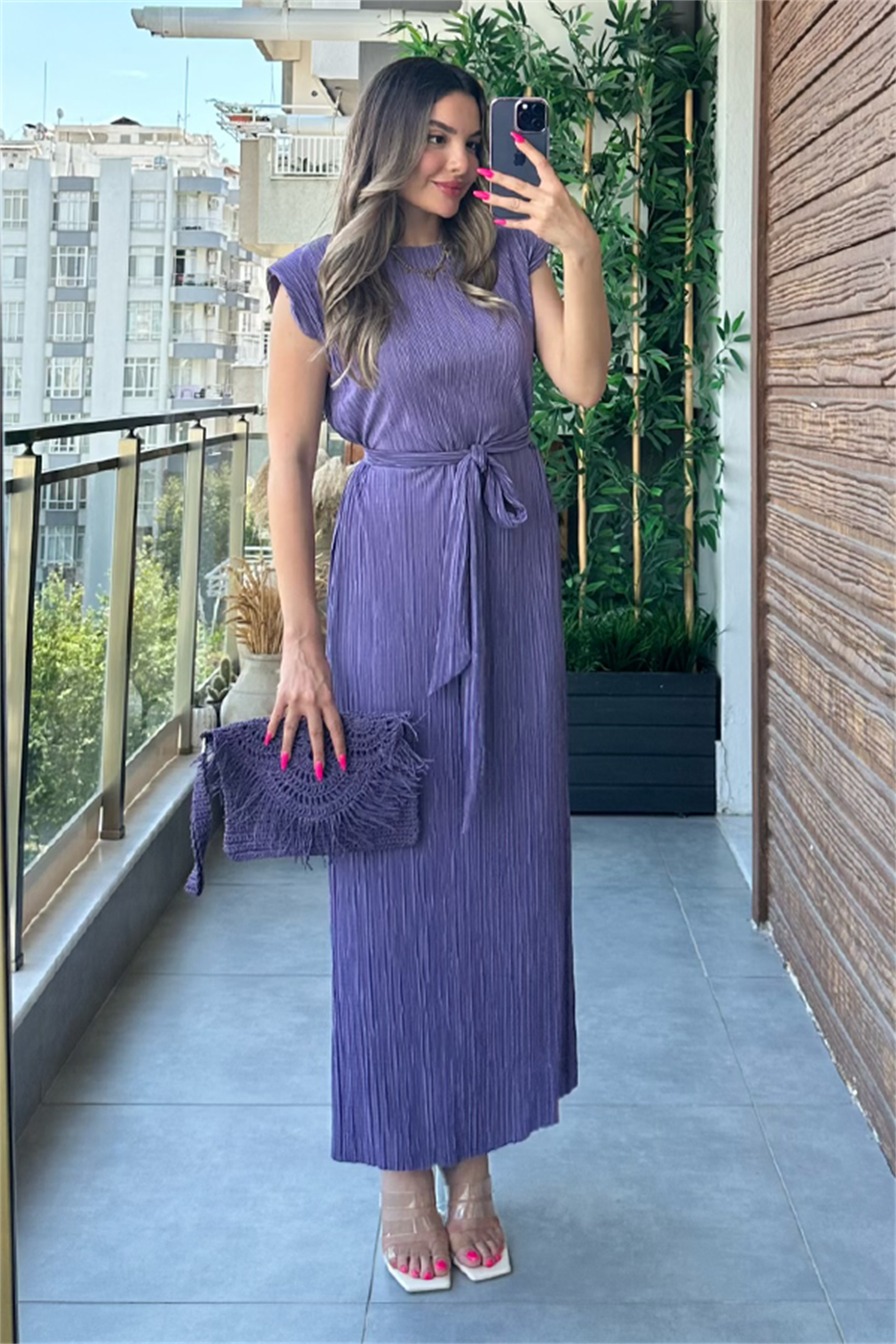 Miranda kırinkıl vatkalı kalem elbise - Mor