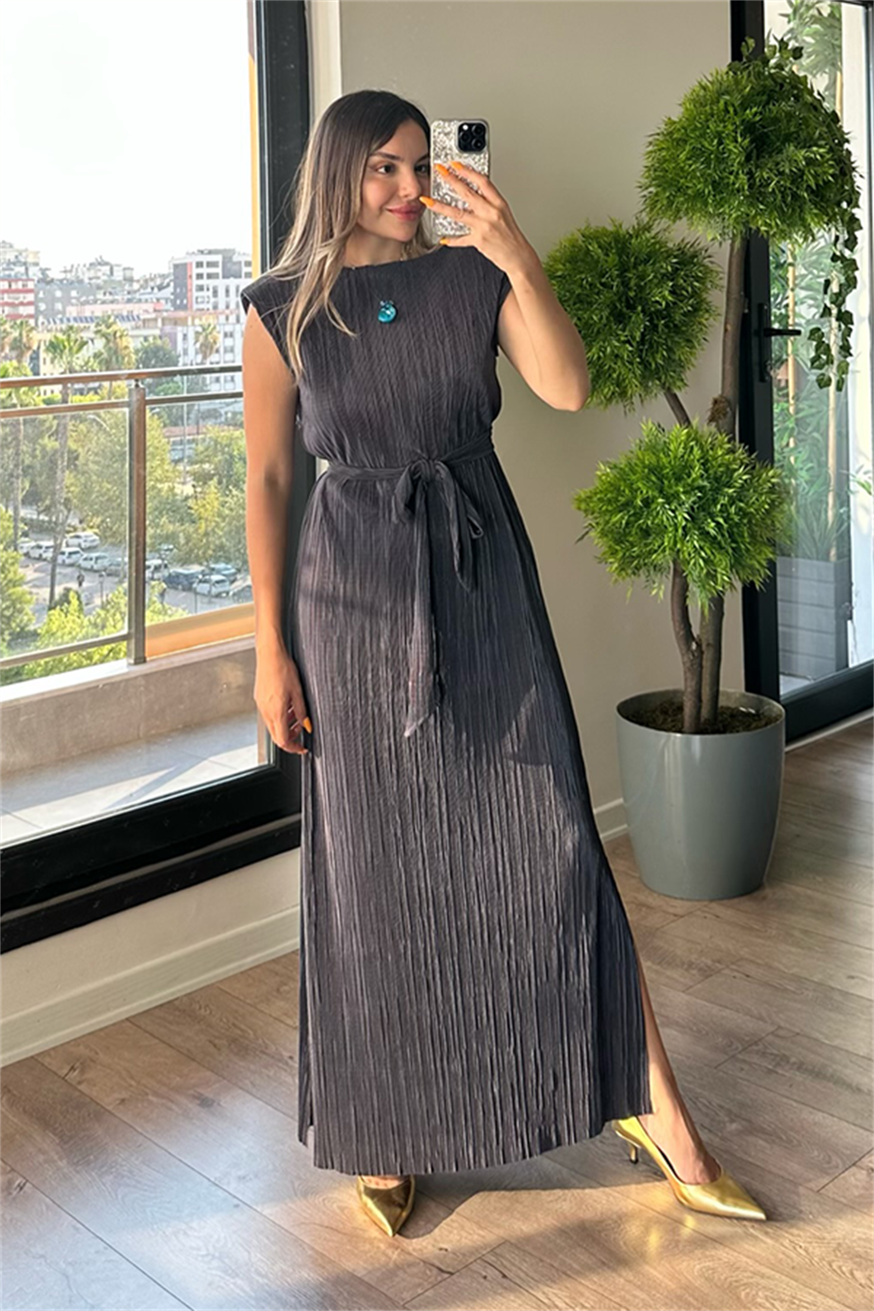 Miranda kırinkıl vatkalı kalem elbise - Füme