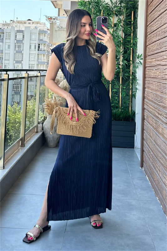 Miranda kırinkıl vatkalı kalem elbise - Lacivert