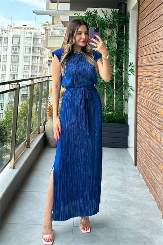 Miranda kırinkıl vatkalı kalem elbise - Saks Mavi