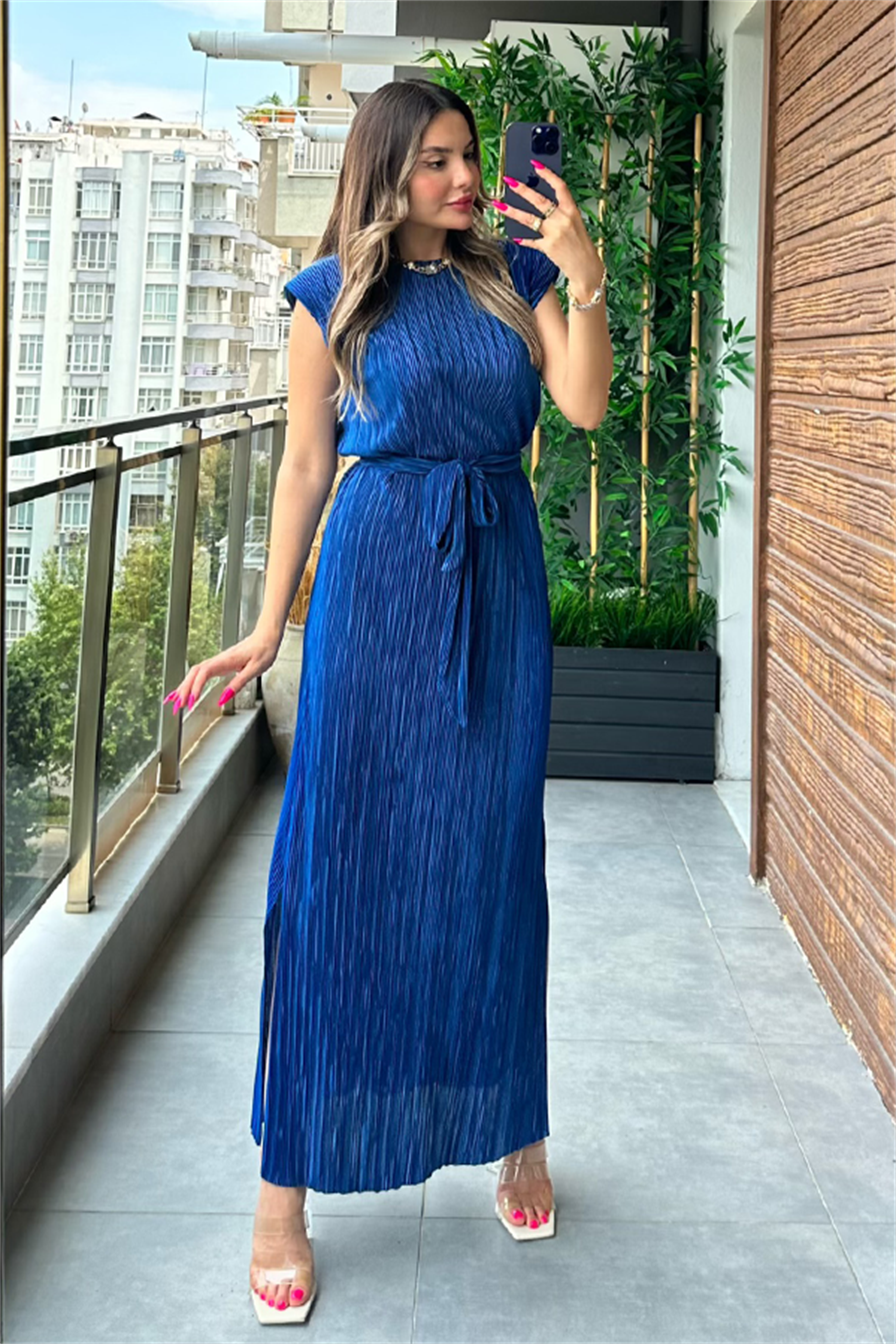 Miranda kırinkıl vatkalı kalem elbise - Saks Mavi