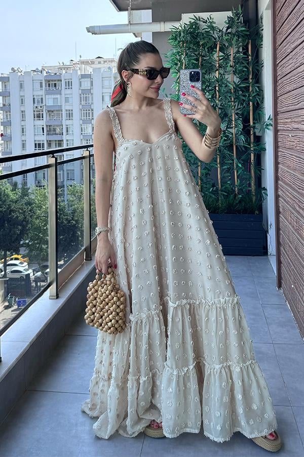 Misual Çiçek Kabartmalı Tül Elbise - Bej