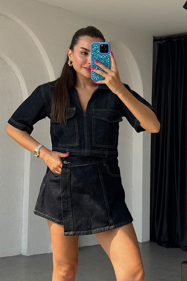 Mitzy Kontrast Dikişli Denim İkili Takım