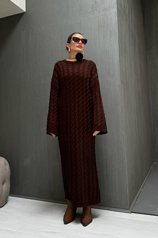 Miu Saç Örgülü Acı Kahve Triko Elbise