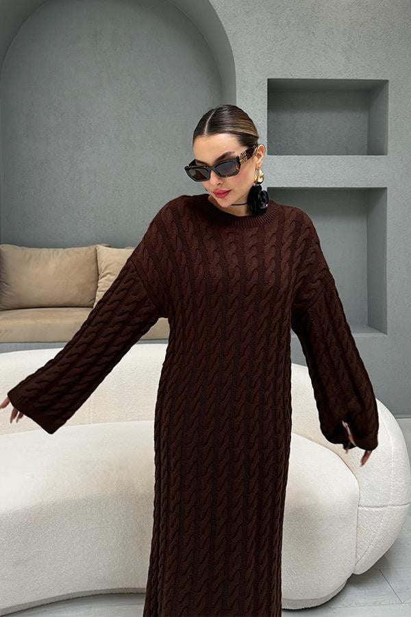 Miu Saç Örgülü Acı Kahve Triko Elbise