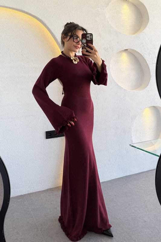 Moana Bordo Sırt Dekolteli Triko Balık Elbise