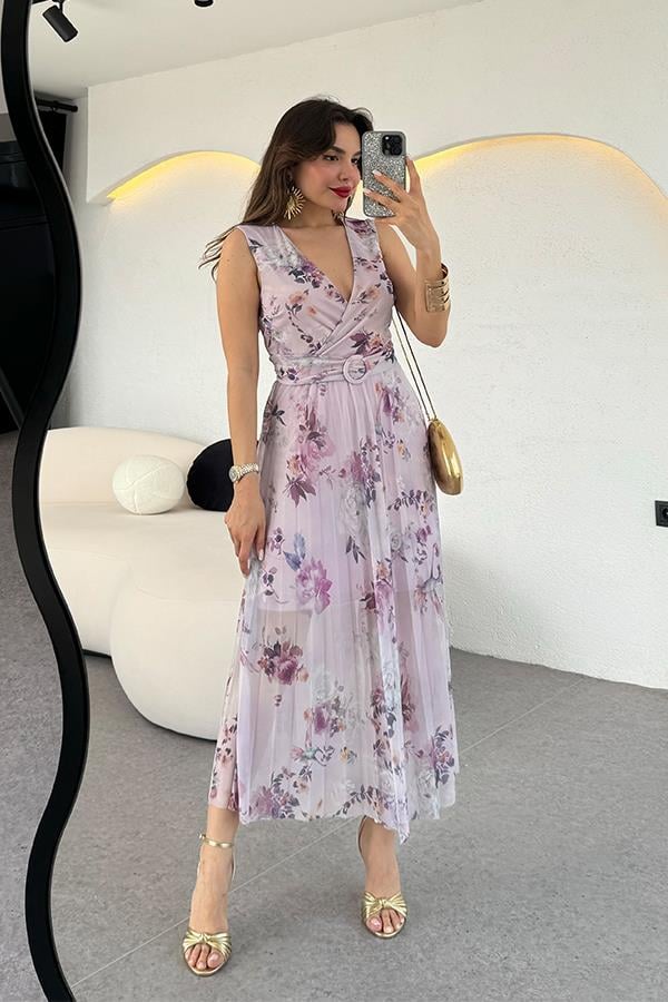 Modena Kemer Detaylı Piliseli Çiçekli Elbise