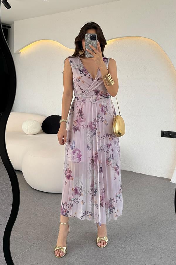 Modena Kemer Detaylı Piliseli Çiçekli Elbise