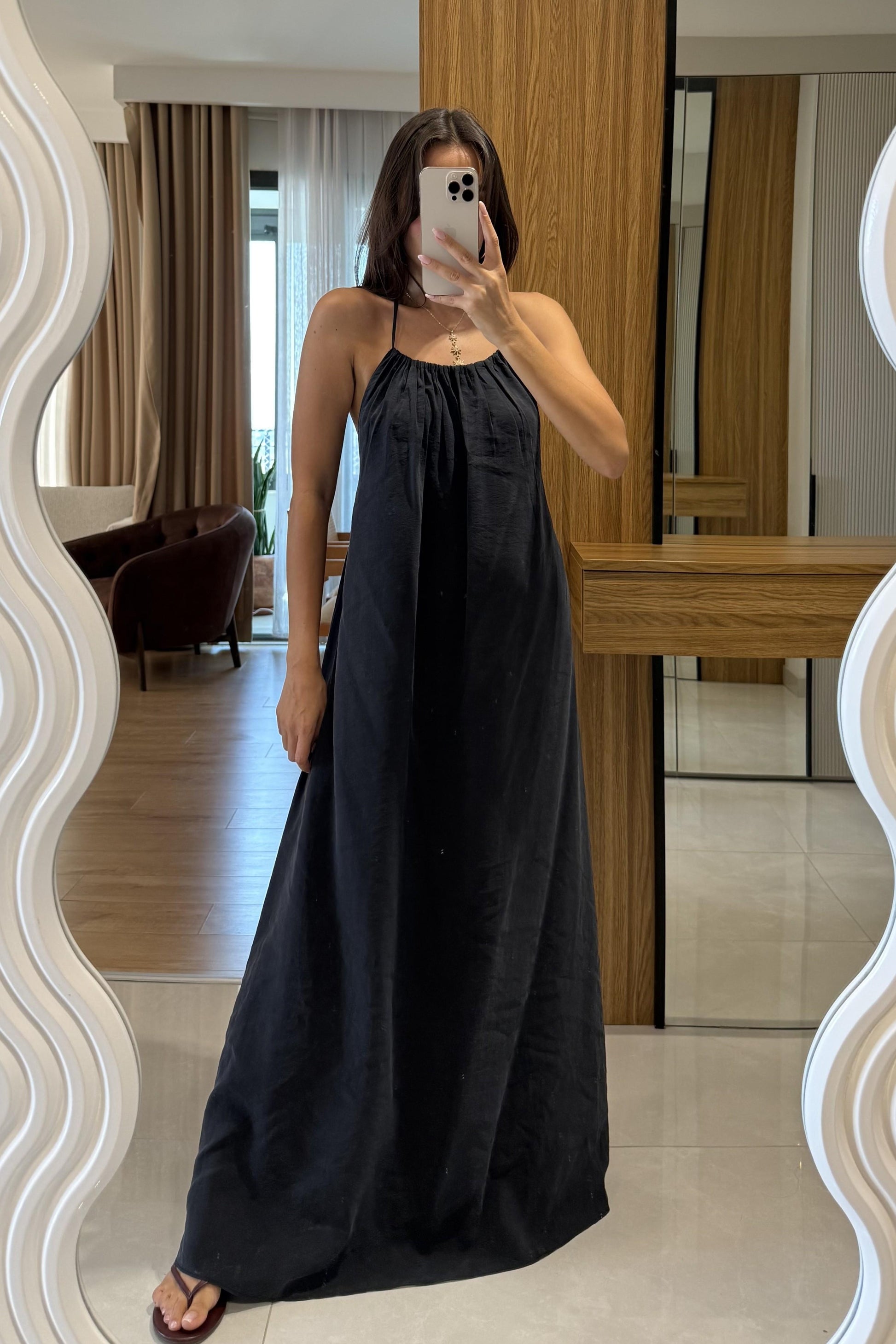 Mohan Siyah Tensel Sırt Dekolteli Elbise