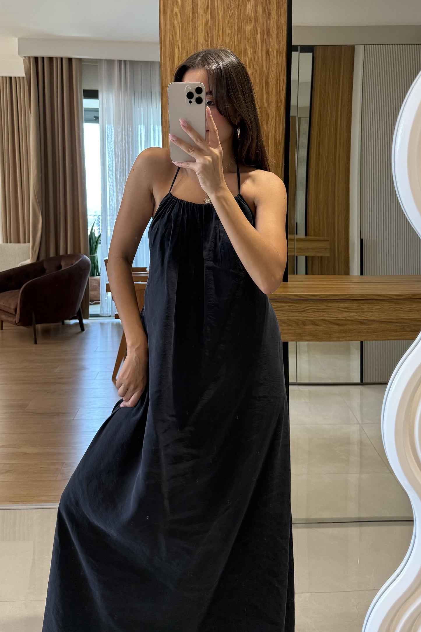 Mohan Siyah Tensel Sırt Dekolteli Elbise