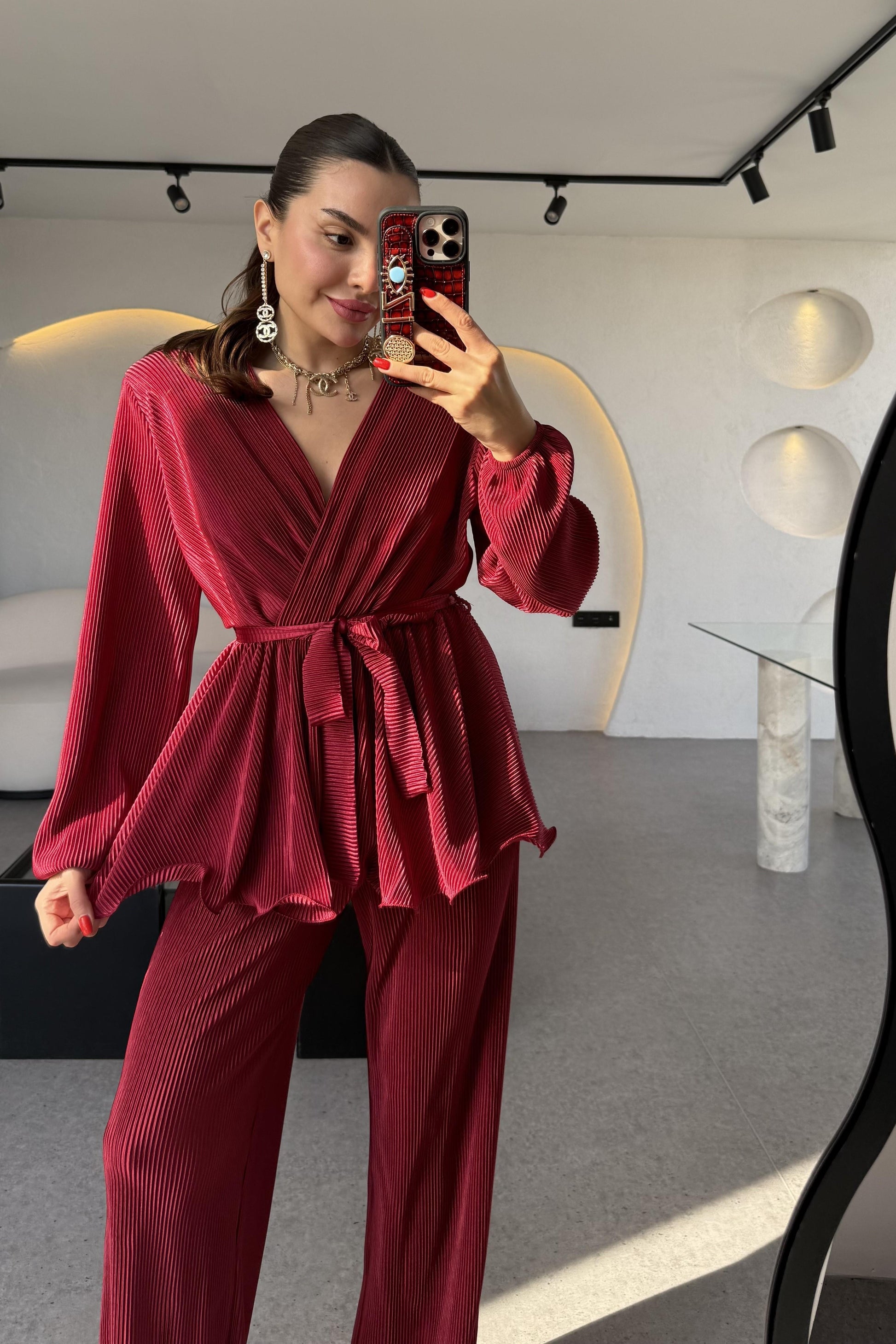 Moise Bordo Kuşaklı Kırinkıl Saten Takım