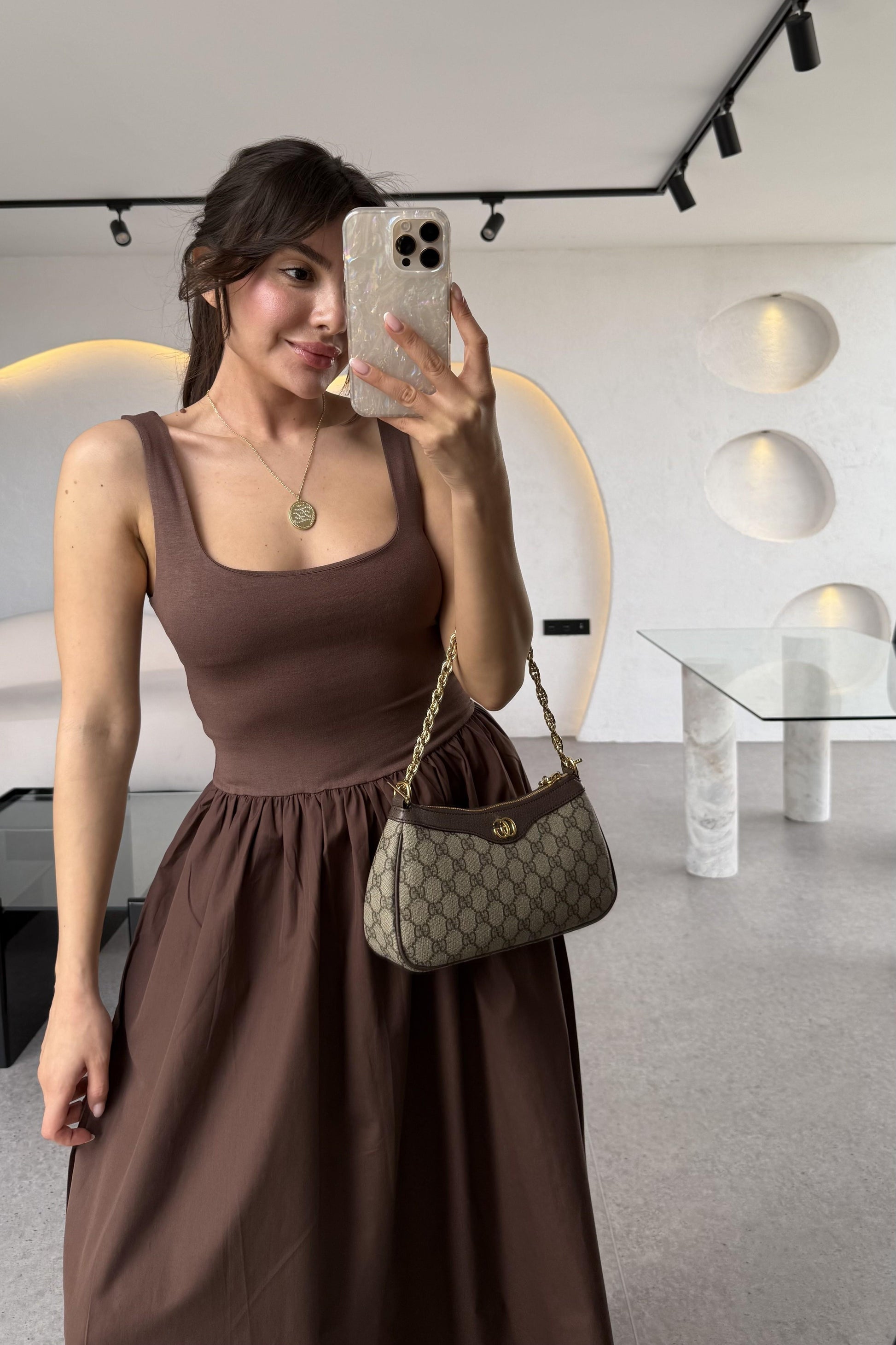 Monge Acı Kahve Kalın Askılı Maxi Balon Elbise