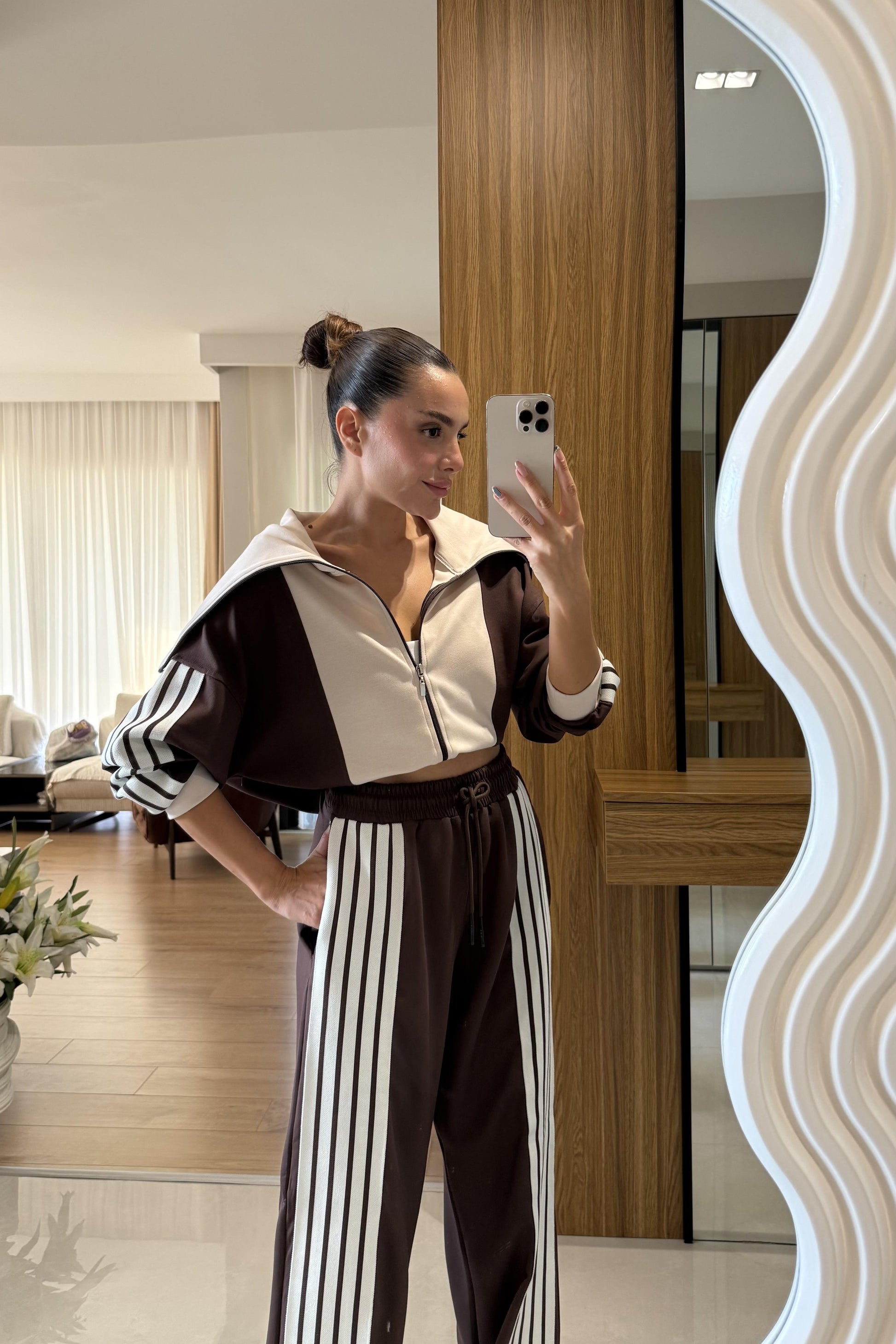 Mongre Acı Kahve Şerit Detaylı Eşofman Takımı