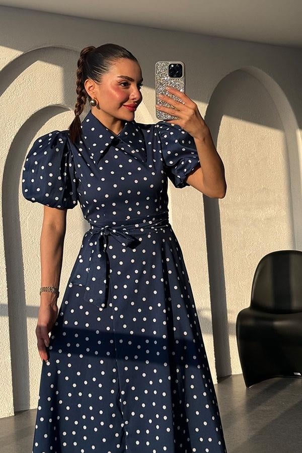 Montero Puantiyeli Balon Kol Elbise-Lacivert