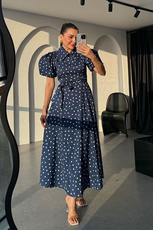 Montero Puantiyeli Balon Kol Elbise-Lacivert