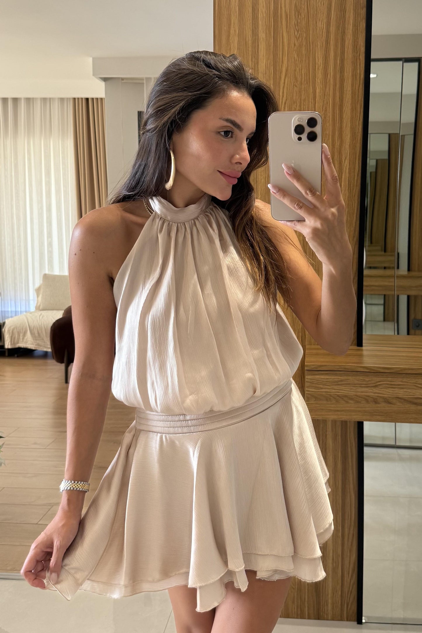 Moroni Krem Belden Oturtmalı Volanlı Mini Elbise