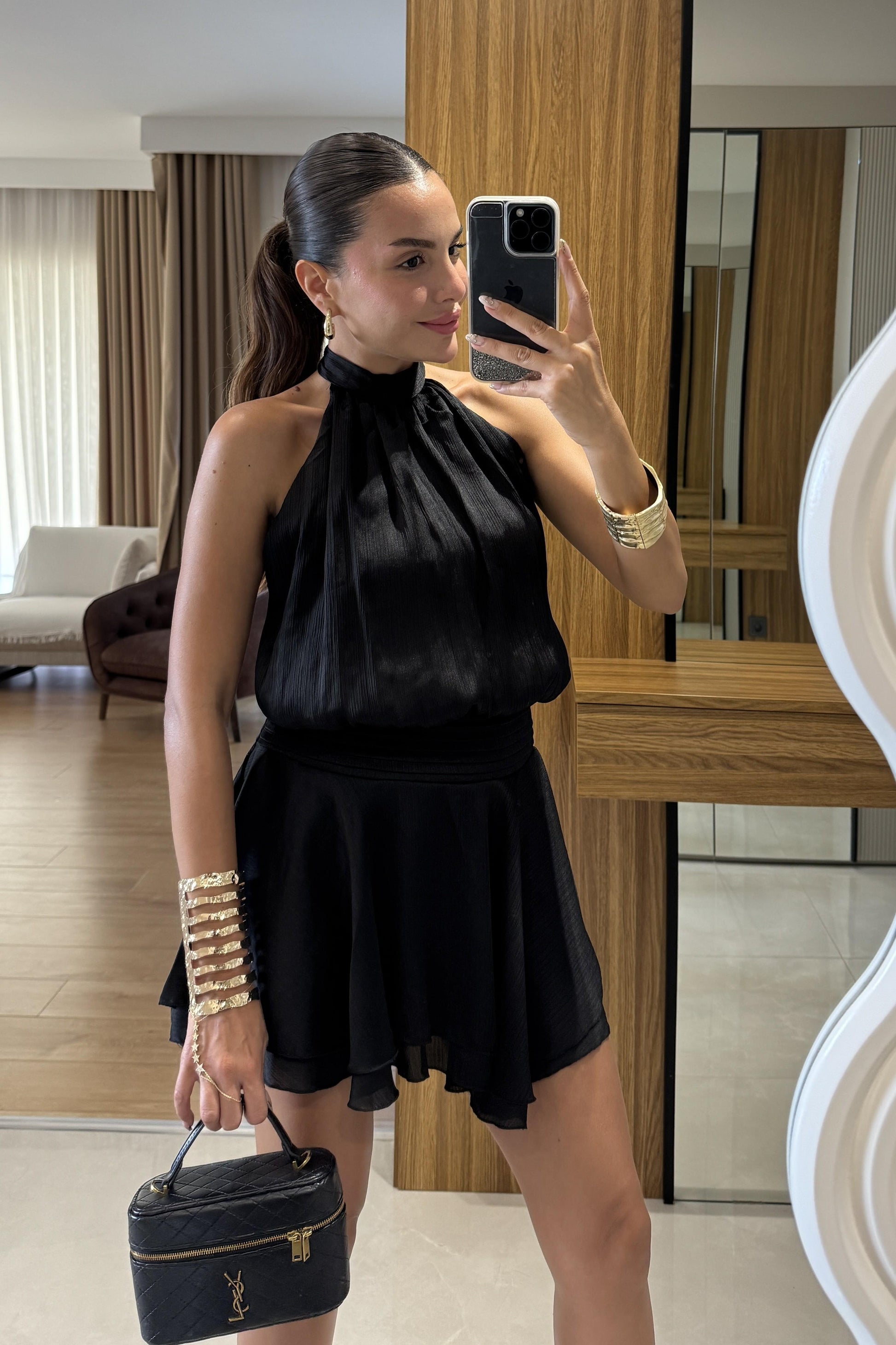 Moroni Siyah Belden Oturtmalı Volanlı Mini Elbise