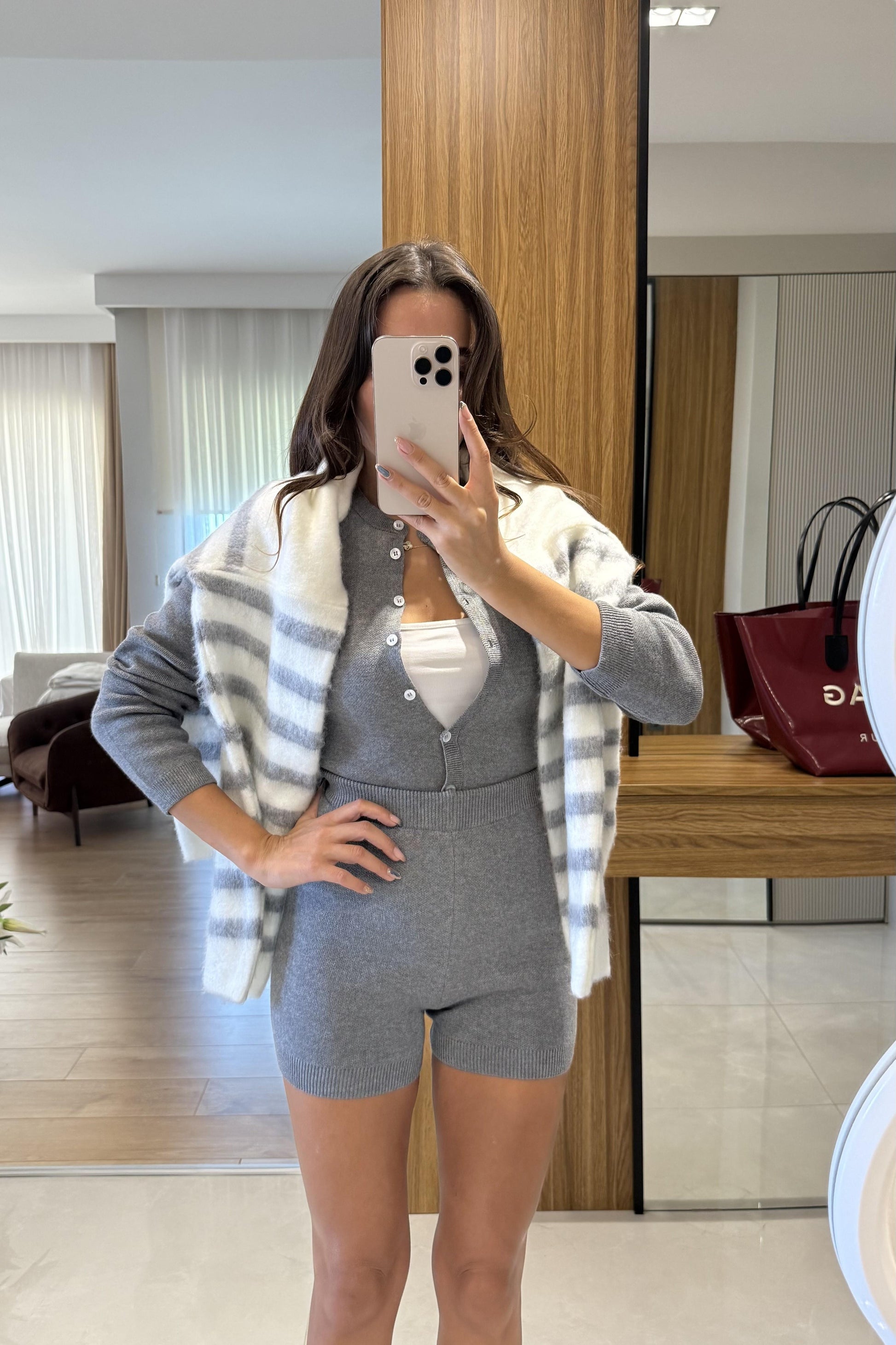 Moves Gri Bodysuit Hırka Şort Triko Takım