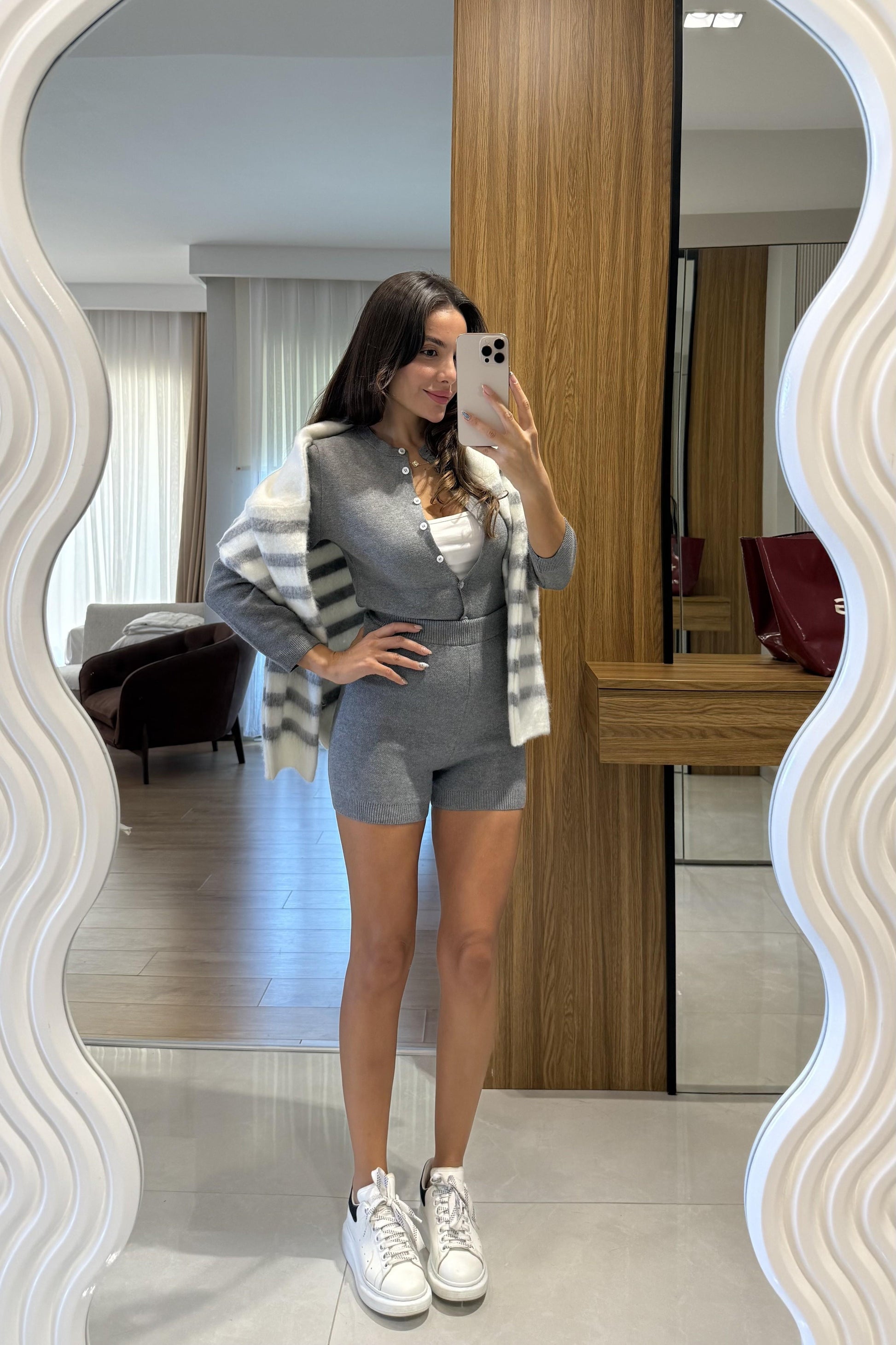 Moves Gri Bodysuit Hırka Şort Triko Takım