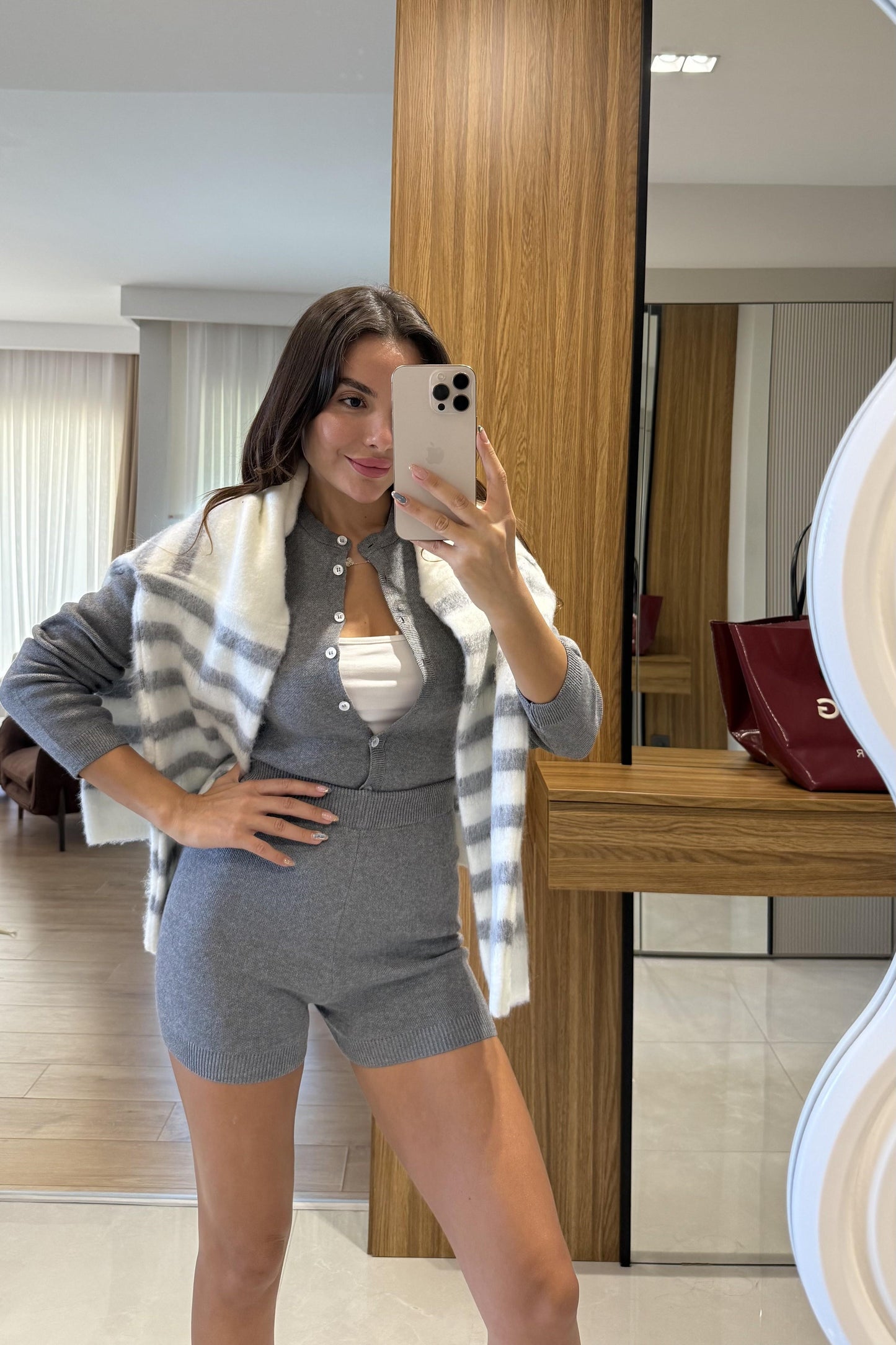 Moves Gri Bodysuit Hırka Şort Triko Takım